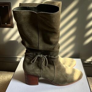 Suede Mid-Calf Block Heel Boots in Olive with Tie Detail